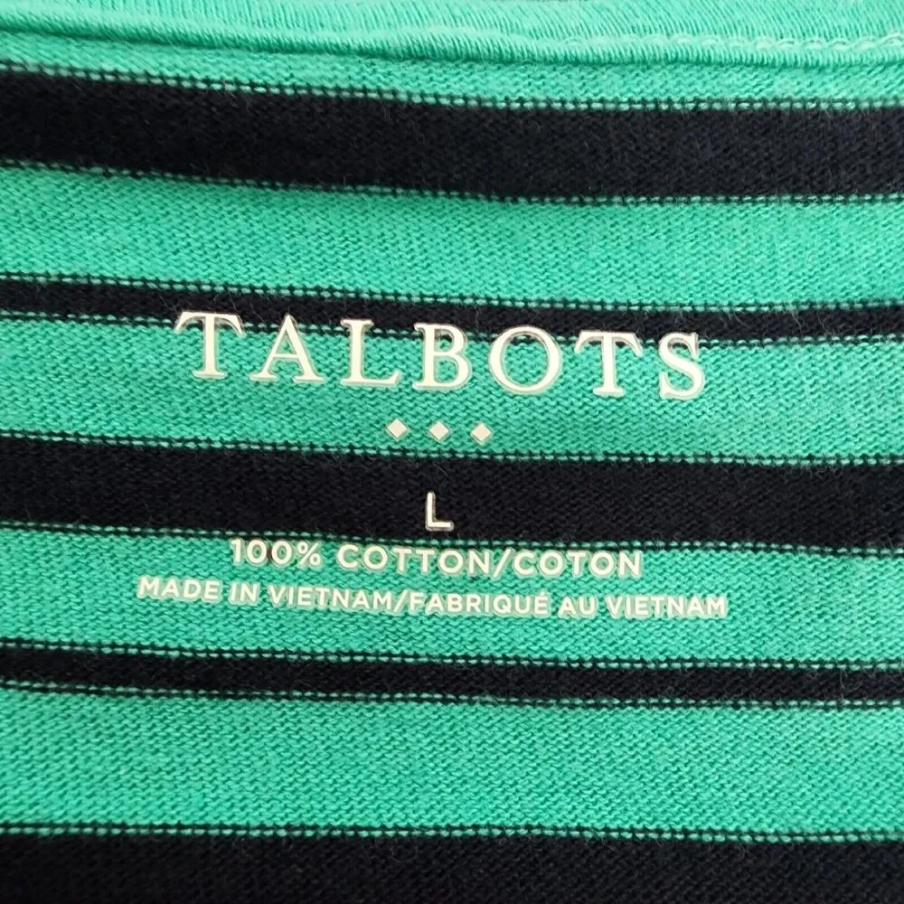 Talbots Womens Top Sz Large Green Blue Striped 3/4 Bell Sleeve Cotton Round Neck